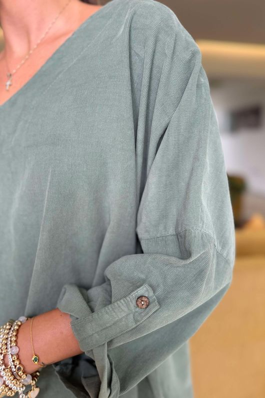 Made in Italy Cooper Needlecord Scoop Dip Back Top Soft Khaki
